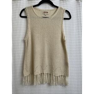 PEPIN Sleeveless Fringe Boho Knit Acrylic Blend Ivory Top Medium
